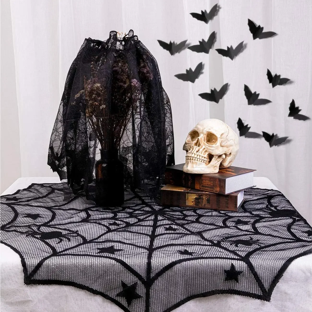 Halloween Tablecloth Bat Spider Web Black Lace Tablecloth Mantel Cloth Family Table Decoration Halloween Party Decoration - Image 5
