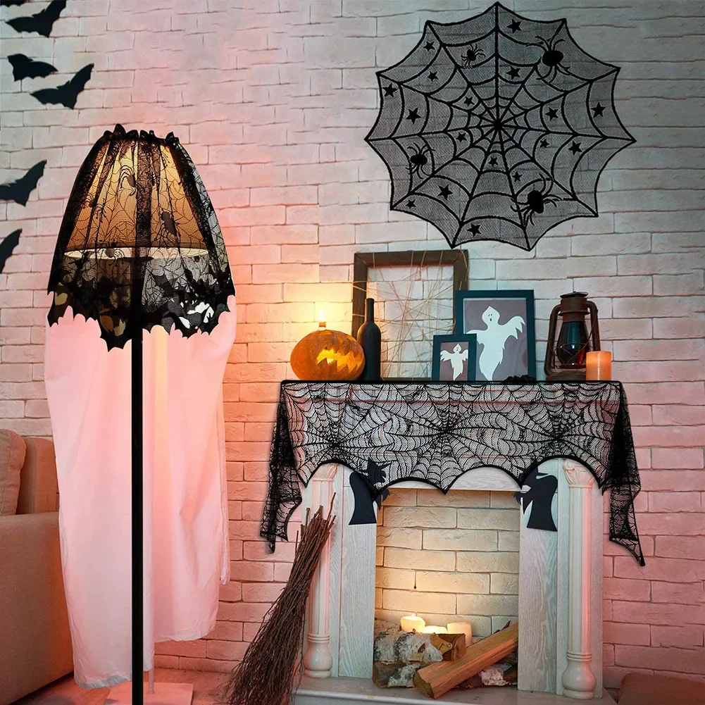 Halloween Tablecloth Bat Spider Web Black Lace Tablecloth Mantel Cloth Family Table Decoration Halloween Party Decoration - Image 3