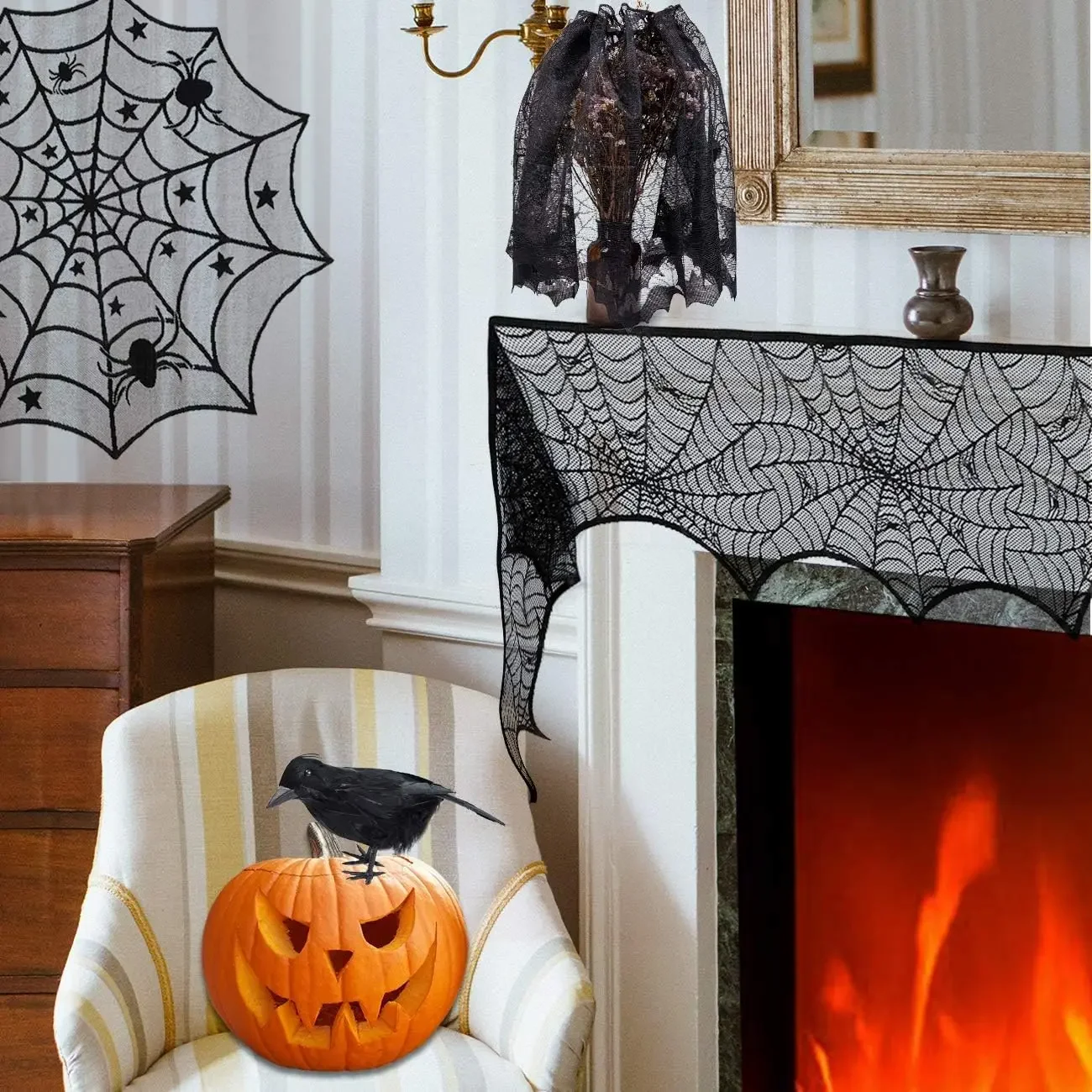 Halloween Tablecloth Bat Spider Web Black Lace Tablecloth Mantel Cloth Family Table Decoration Halloween Party Decoration - Image 4
