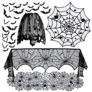 Halloween Tablecloth Bat Spider Web Black Lace Tablecloth Mantel Cloth Family Table Decoration Halloween Party Decoration