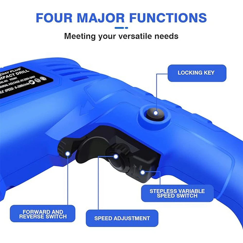 Hammer Drill 240V for Wood Metal Concrete, 850W Corded Electric Impact Drill 3000rpm Variable Speed, 2 in 1 with 360° Rotating - Image 3