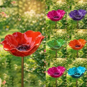 Handmade Metal Flower Garden Stake with Bee Bath & Bird Water Bowl – Decorative Outdoor Yard Art, Pollinator Watering Station