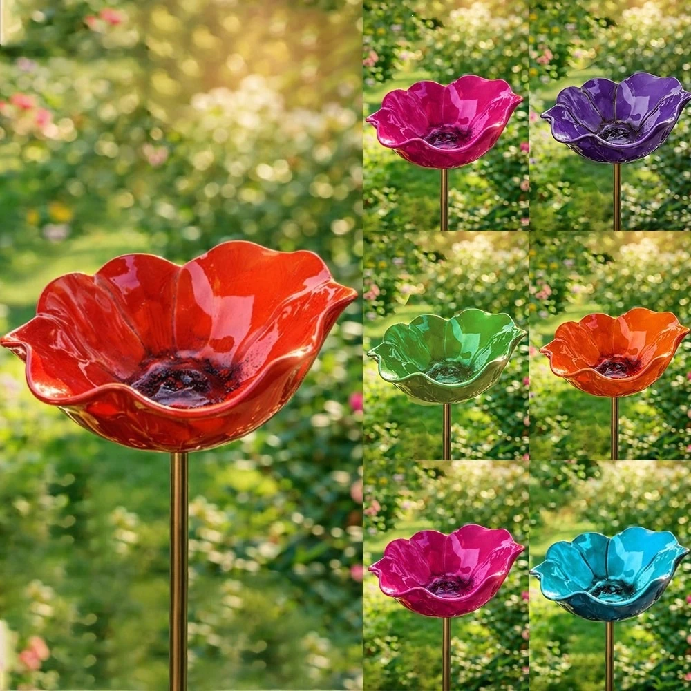 Handmade Metal Flower Garden Stake with Bee Bath & Bird Water Bowl – Decorative Outdoor Yard Art, Pollinator Watering Station
