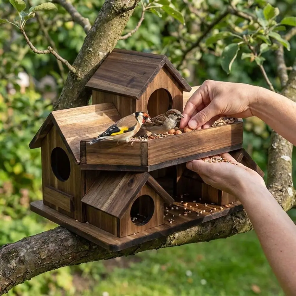 Handmade Wooden Bird House Waterproof 3 Chambers Bird Villa Nest Thickened Weather Resistant Bird Feeding Birdhouse Courtyard - Image 3