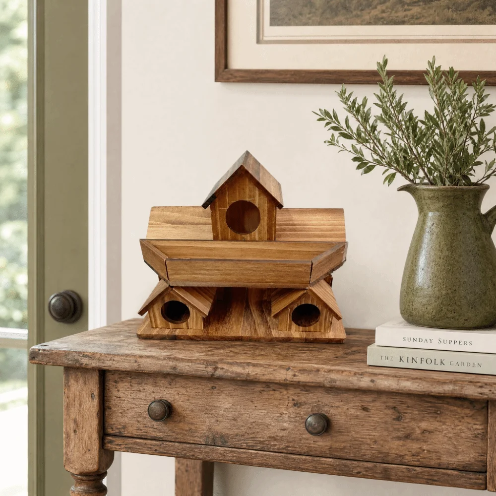Handmade Wooden Bird House Waterproof 3 Chambers Bird Villa Nest Thickened Weather Resistant Bird Feeding Birdhouse Courtyard - Image 4