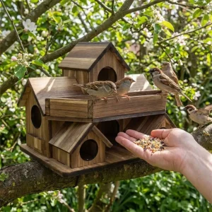 Handmade Wooden Bird House Waterproof 3 Chambers Bird Villa Nest Thickened Weather Resistant Bird Feeding Birdhouse Courtyard