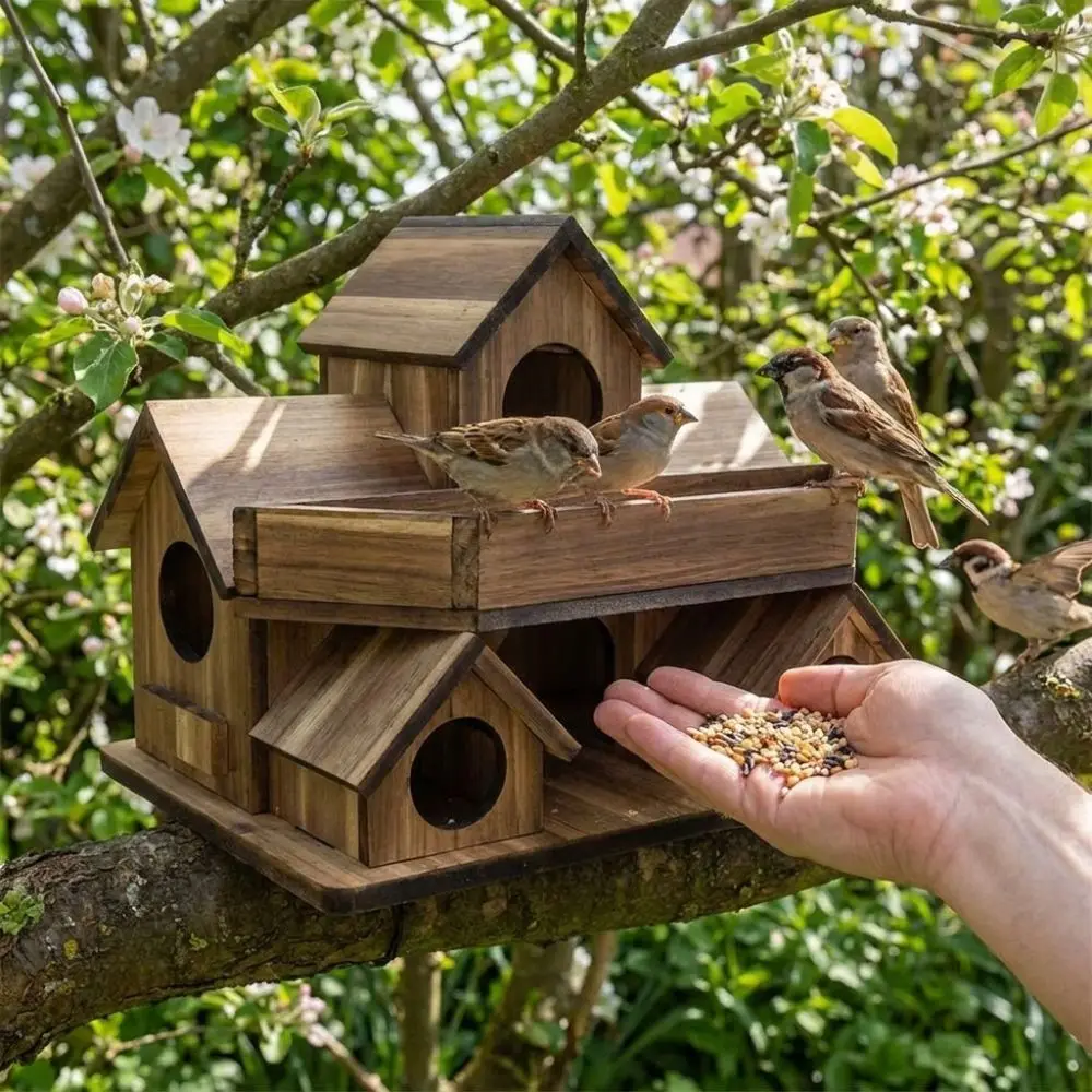 Handmade Wooden Bird House Waterproof 3 Chambers Bird Villa Nest Thickened Weather Resistant Bird Feeding Birdhouse Courtyard