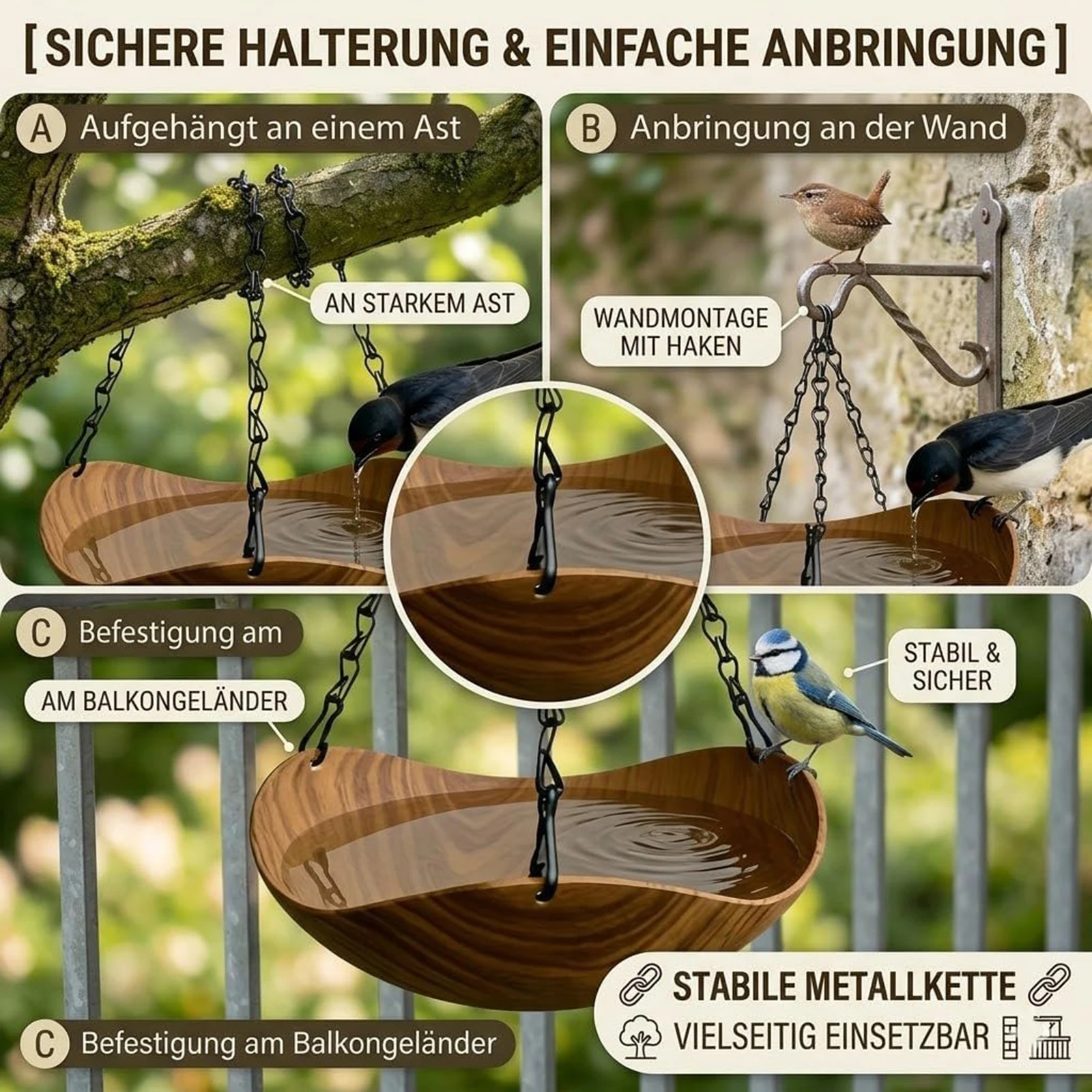 Hanging Bird Bath with Metal Chain & Hook Decorative Birdbath Bird Water Feeder Garden Water Bowl for Outside Garden Yard Decor - Image 2
