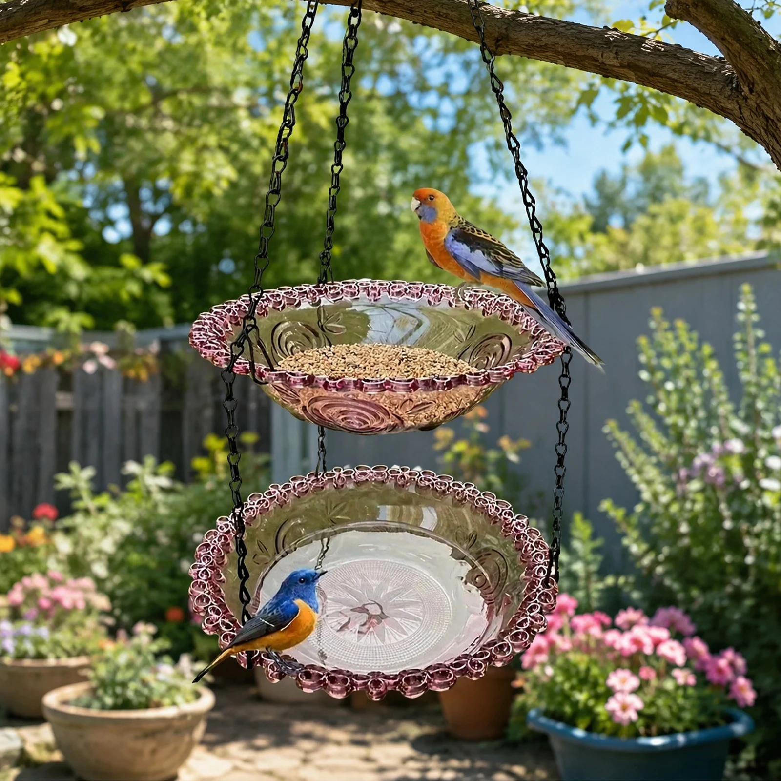 Hanging Bird Fountain with Hook for Colorful Hanging Bird Bath Feeder Decorative Double Layer Bird Bath for Garden Patio Patio - Image 5