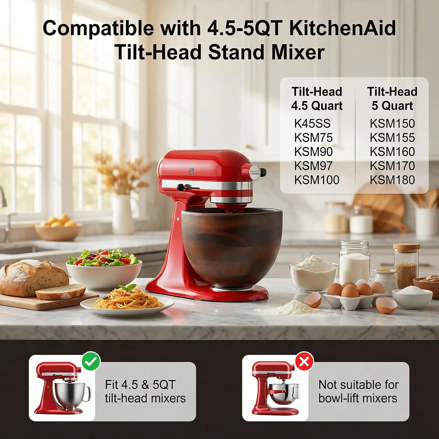 High-Grade Natural Solid Wood Mixing Bowl for 4.5-5 Qt Tilt-Head Stand Mixer, Stainless Steel Lock Base, Kitchen Mixer Accessory - Image 2