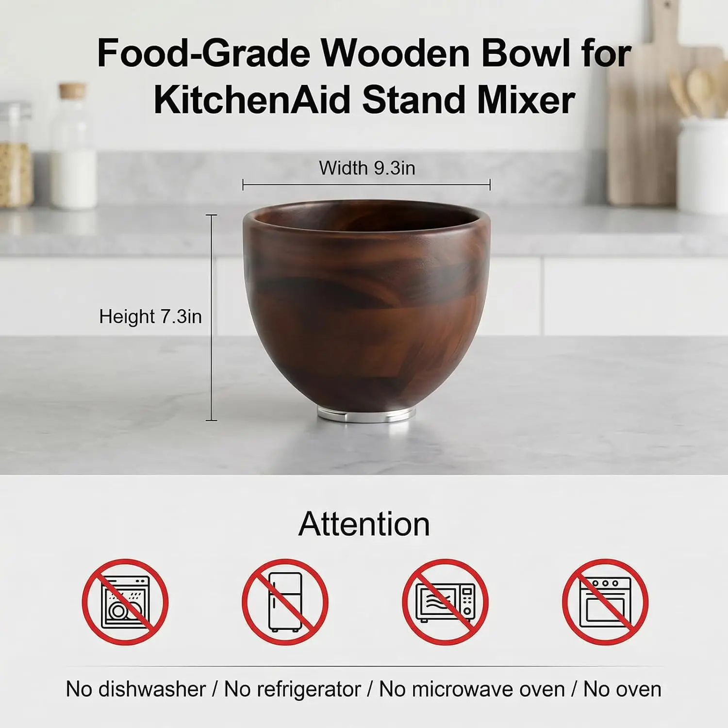 High-Grade Natural Solid Wood Mixing Bowl for 4.5-5 Qt Tilt-Head Stand Mixer, Stainless Steel Lock Base, Kitchen Mixer Accessory - Image 3
