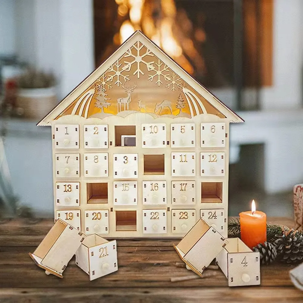 House Shape Christmas Advent Calendar LED with 24 Empty Drawer Christmas Countdown Calendar Wood Hollow Carving - Image 2