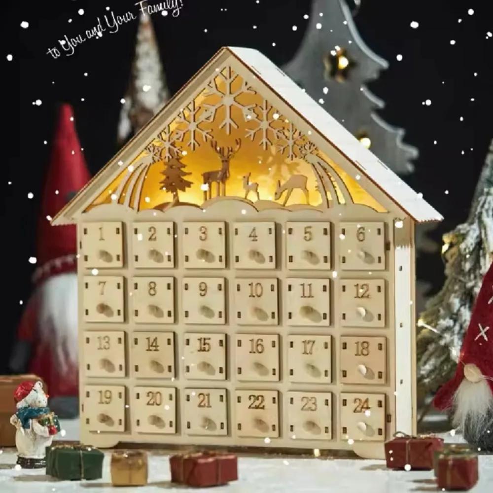 House Shape Christmas Advent Calendar LED with 24 Empty Drawer Christmas Countdown Calendar Wood Hollow Carving - Image 4