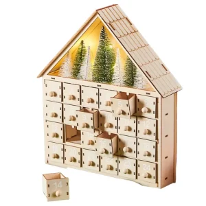 House Shape Christmas Advent Calendar LED with 24 Empty Drawer Christmas Countdown Calendar Wood Hollow Carving