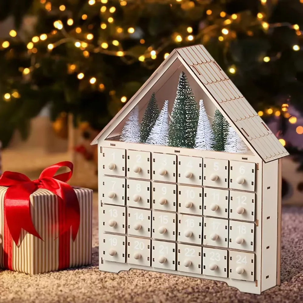 House Shape Christmas Advent Calendar LED with 24 Empty Drawer Christmas Countdown Calendar Wood Hollow Carving - Image 5
