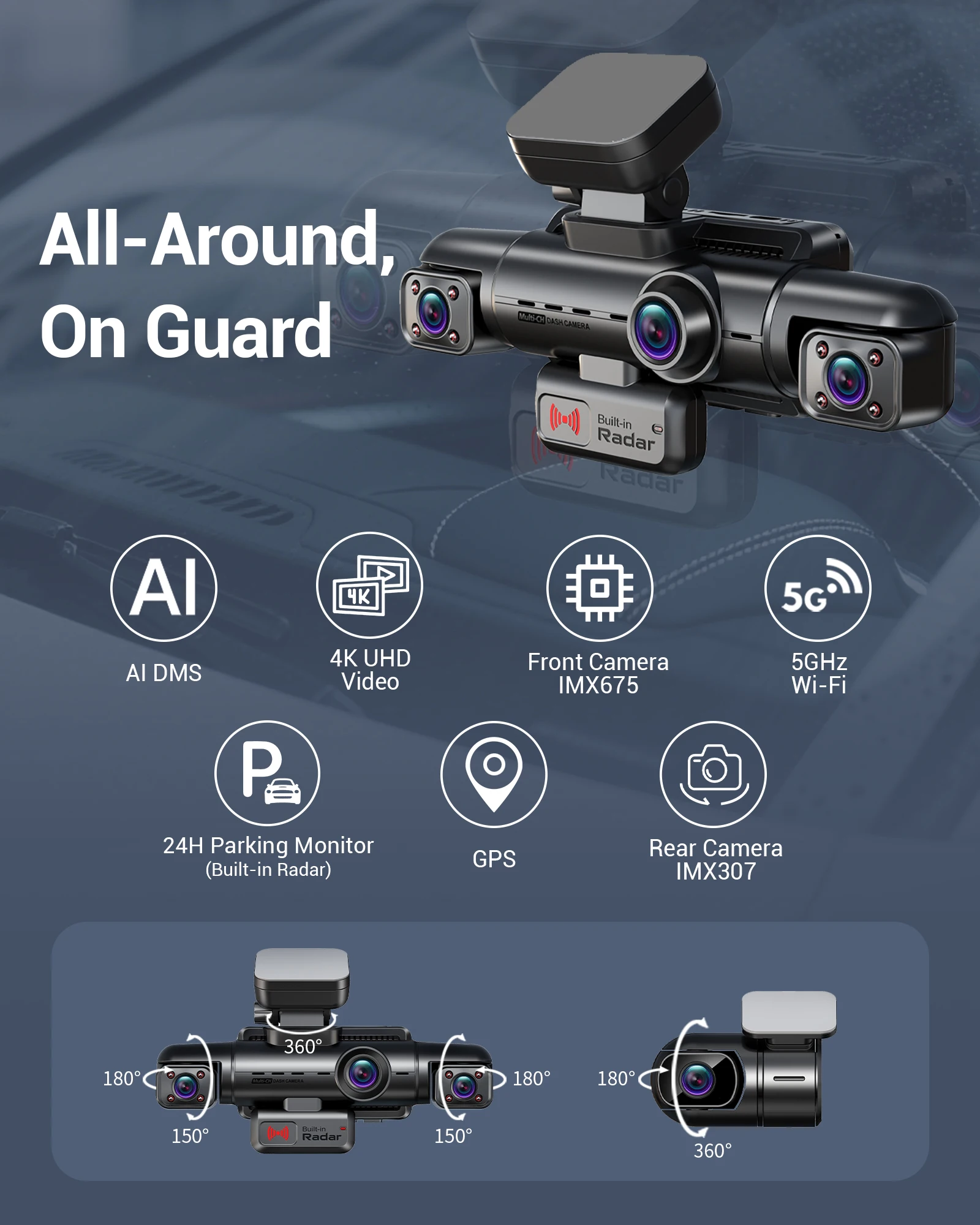 Hupejos N500-4CH 360° Dashcam, With STARVIS 2 IMX675 Sensor, 24H Parking Mode Built-in Radar, AI Car Dash Cam Driver Monitor System, 5G WiFi GPS, 128GB SD Card - Image 2