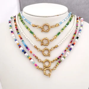 Imitation Pearl Necklace Women Choker Seed Beads Rainbow Stainless Steel Spring Clasp Sailor Buckle Base Chain Gold Color Boho
