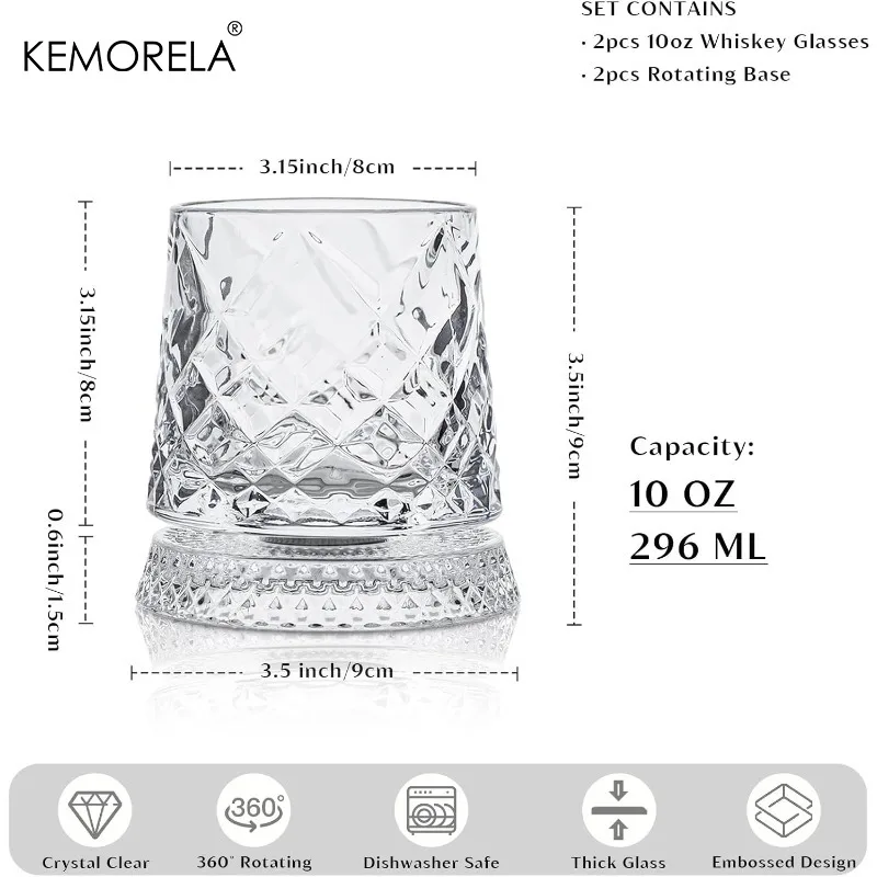 KEMORELA 300ML Spinning Whiskey Glasses 2PCS Old Clear Glasses for Scotch & Bourbon Cocktail Glasses for Bar Party Home and Gift - Image 6