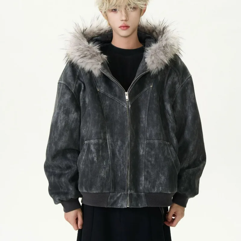 KIDWHXR Autumn Winter Men Coat American Printed Hooded Jacket Man Thicken Long Sleeve Zipper Male Loose Casual Outerwear - Image 2