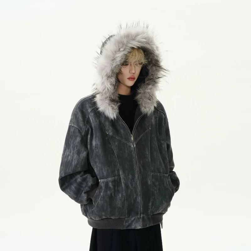 KIDWHXR Autumn Winter Men Coat American Printed Hooded Jacket Man Thicken Long Sleeve Zipper Male Loose Casual Outerwear - Image 3