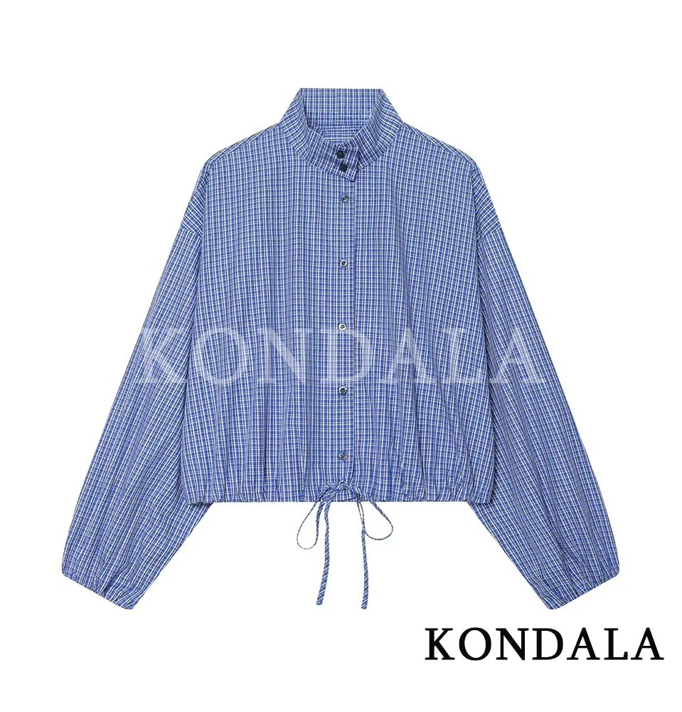 KONDALA Women Casual Trendy Plaid Shirts Turtleneck Single Breasted Blouse New Fashion 2026 Spring Summer Holiday Sporty Blouse - Image 2