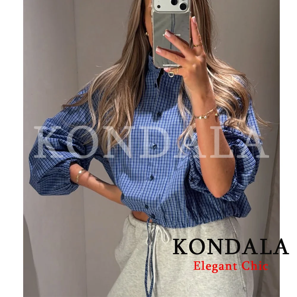KONDALA Women Casual Trendy Plaid Shirts Turtleneck Single Breasted Blouse New Fashion 2026 Spring Summer Holiday Sporty Blouse