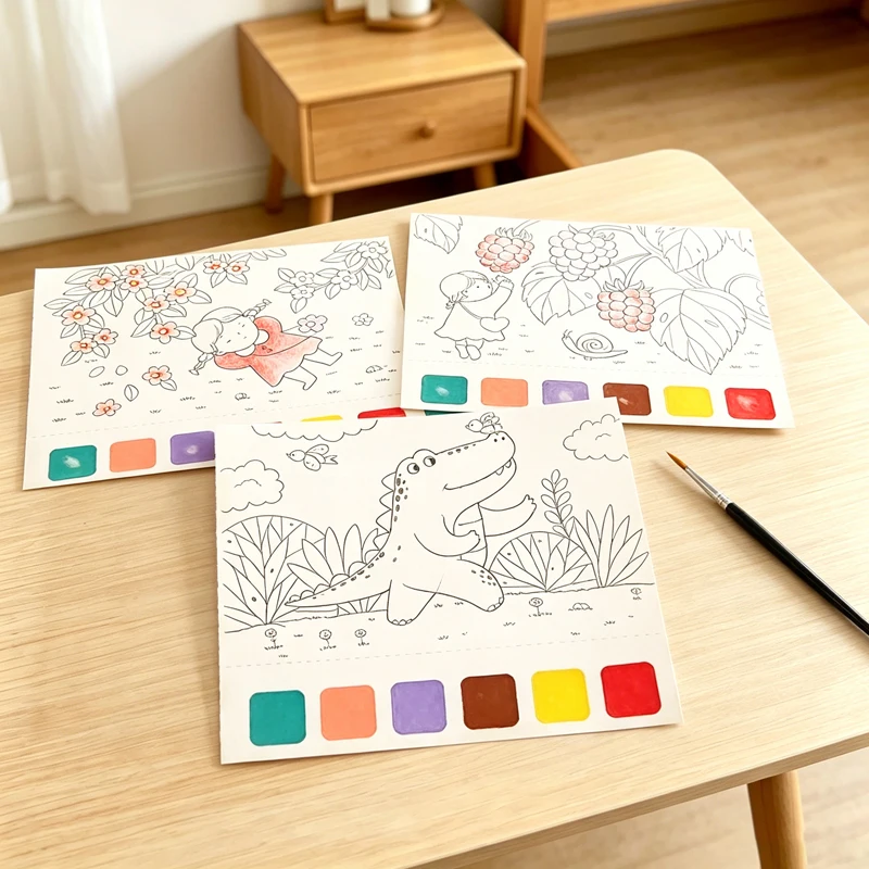 Kids Watercolor Coloring Book 20 Pages with Pigment Brush Ocean Fairy Animals Painting Travel DIY Art Drawing Toy Portable Gift - Image 2