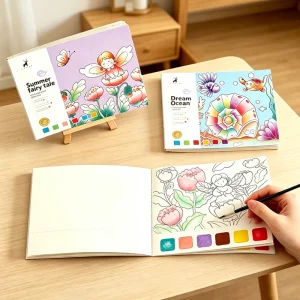 Kids Watercolor Coloring Book 20 Pages with Pigment Brush Ocean Fairy Animals Painting Travel DIY Art Drawing Toy Portable Gift