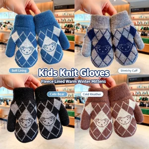 Kids Winter Knit Mittens Fleece Warm Argyle Plaid Simple Bear Jacquard Stretchy Rib Cuff Cold‑proof Vintage Style Gloves 2026