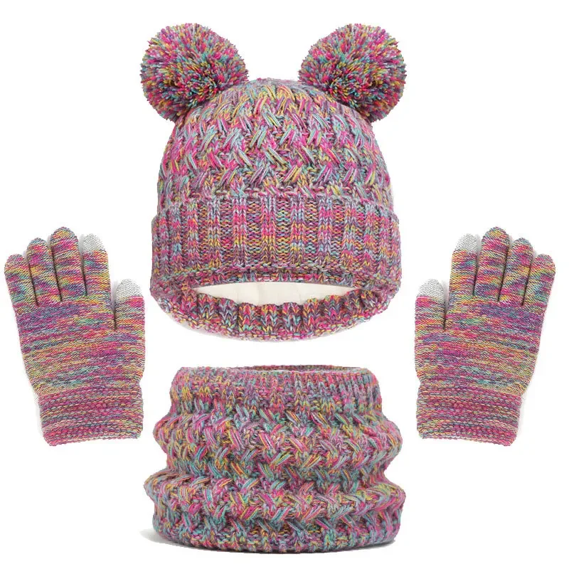 Kids Winter Hat Scarf Gloves Set Girls Knitted Scarf 3pc Set Childs Winter Warm Neck Scarves Beanie Cap For Boy Baby Gloves Suit - Image 2