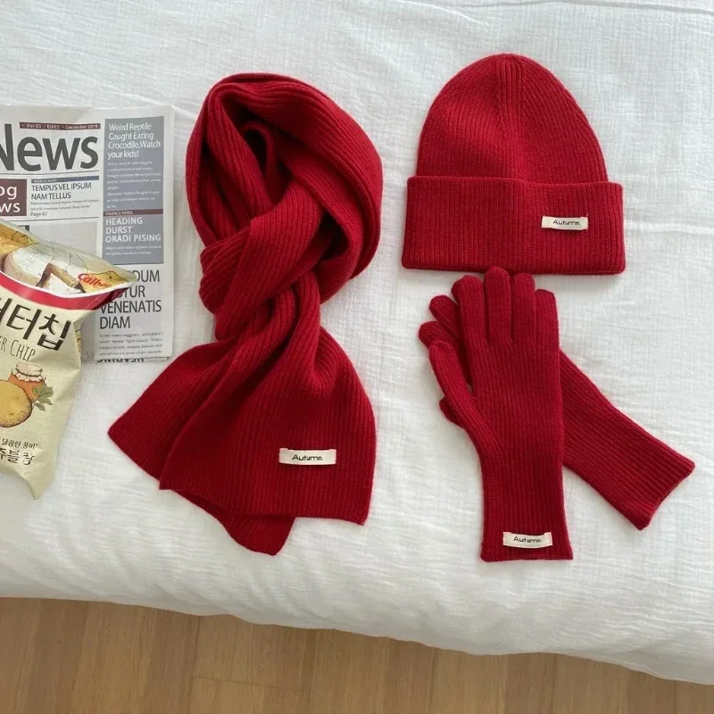 Knitted Winter Scarf Woman Solid Color Hat Scarf Gloves Women's Windproof Adult Three-piece Set Fashion Women's Scarf Hat Set - Image 3