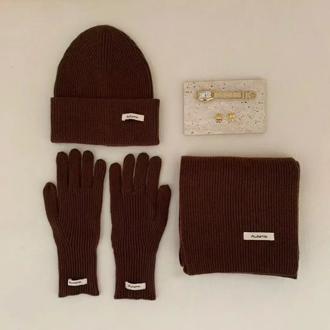 Knitted Winter Scarf Woman Solid Color Hat Scarf Gloves Women's Windproof Adult Three-piece Set Fashion Women's Scarf Hat Set - Image 6