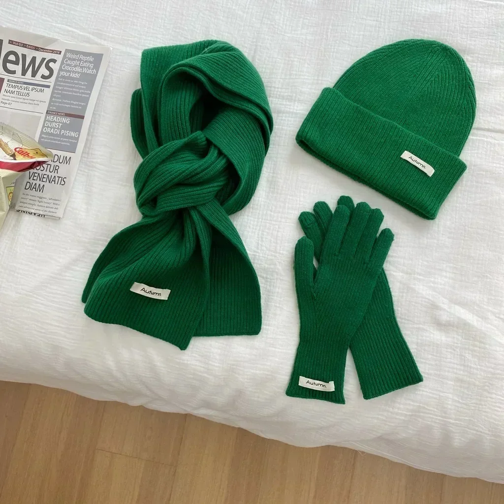 Knitted Winter Scarf Woman Solid Color Hat Scarf Gloves Women's Windproof Adult Three-piece Set Fashion Women's Scarf Hat Set