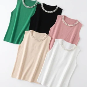Korea Knitted Vests Women Tank Top Solid Blusas Mujer De Moda 2026 Summer New Fashion Female Sleeveless Beading Casual Thin Tops