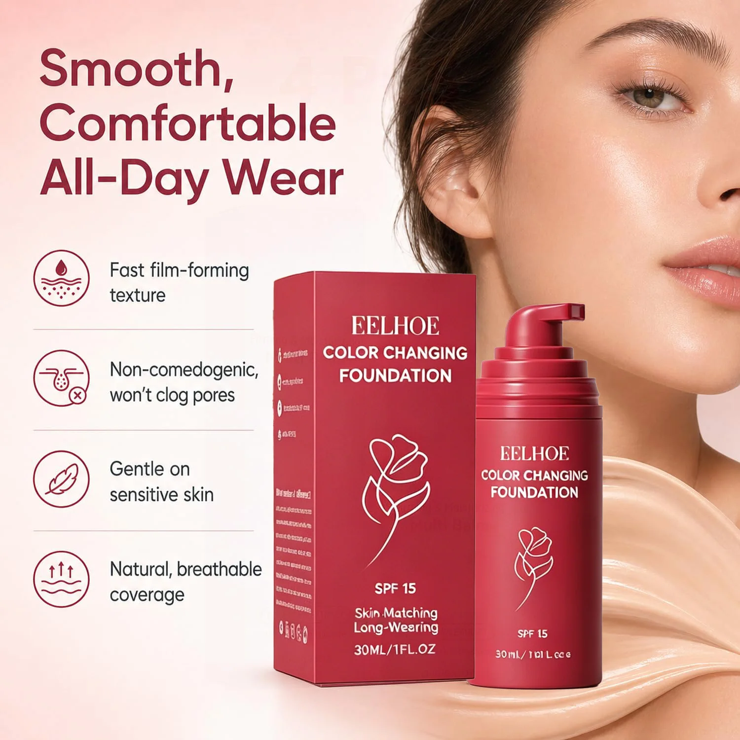 Korean Color Changing Foundation for Mature Skin SPF 15 Hydrating Liquid Concealer for Fine Lines & Wrinkles Dewy Natural Finish - Image 2