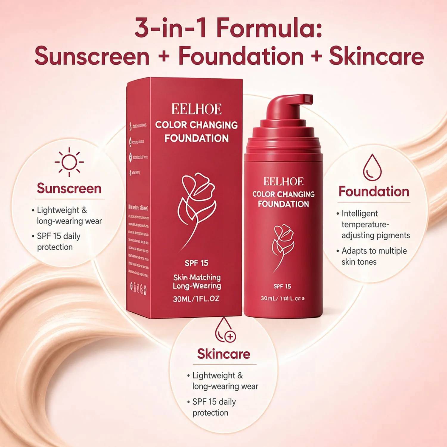 Korean Color Changing Foundation for Mature Skin SPF 15 Hydrating Liquid Concealer for Fine Lines & Wrinkles Dewy Natural Finish - Image 5