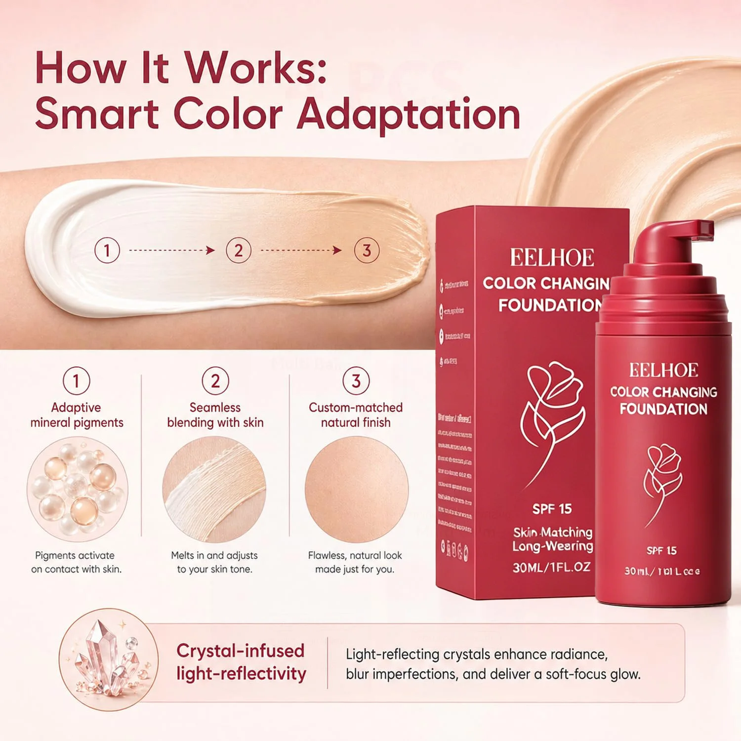 Korean Color Changing Foundation for Mature Skin SPF 15 Hydrating Liquid Concealer for Fine Lines & Wrinkles Dewy Natural Finish - Image 3