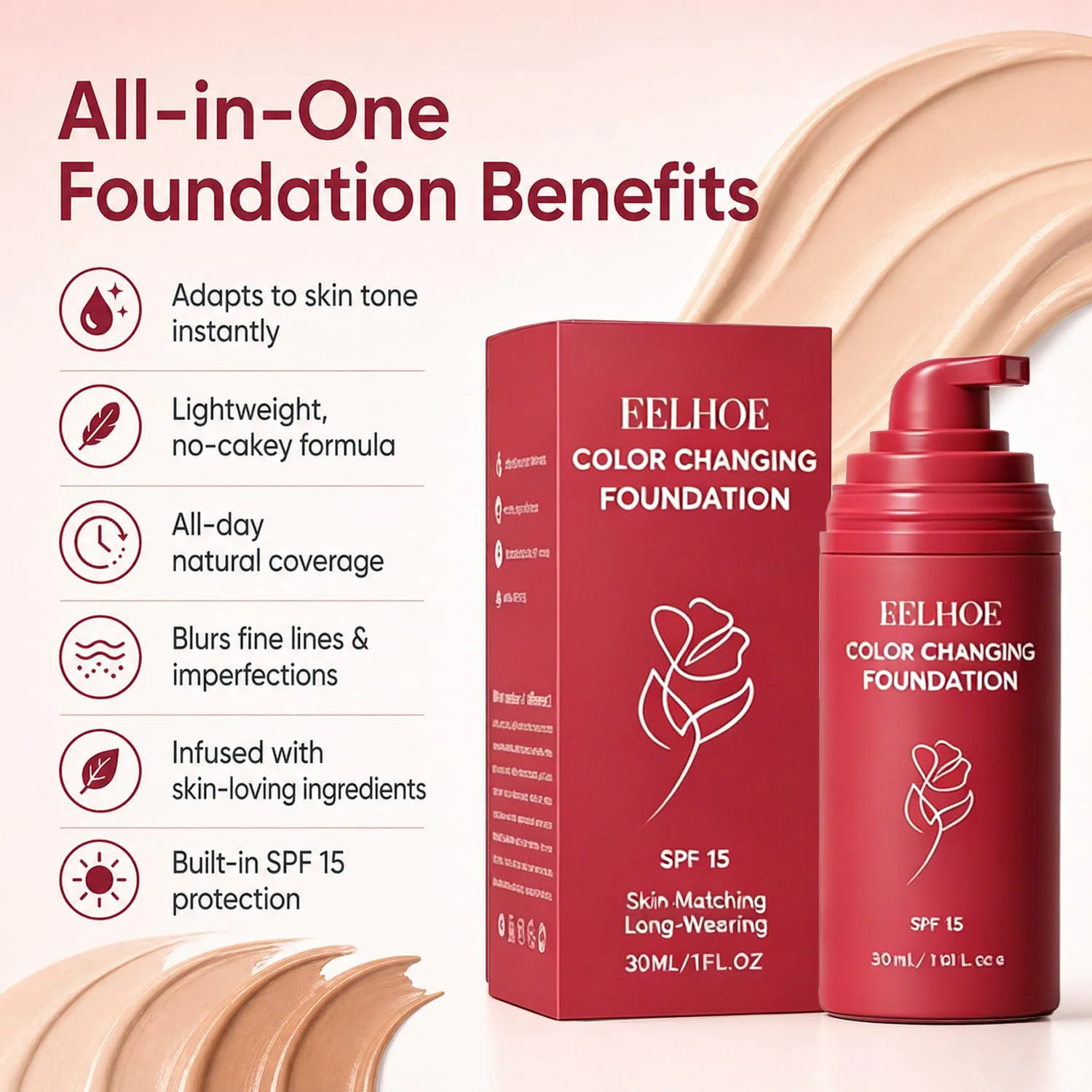 Korean Color Changing Foundation for Mature Skin SPF 15 Hydrating Liquid Concealer for Fine Lines & Wrinkles Dewy Natural Finish - Image 4