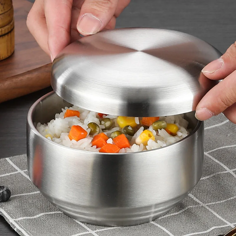 Korean Style 304 Double-layer Stainless Steel Rice Bowl With Lid Soup Rice Bowl Cuisine Home Creative Child Small Bowl Cuisine - Image 4