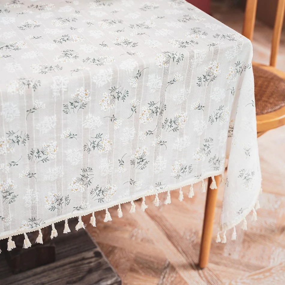 Korean Style Daisy Tassels Cotton Floral Tablecloth, Tea Table Decoration, Rectangle Table Cover for Kitchen Wedding Dining Room - Image 3