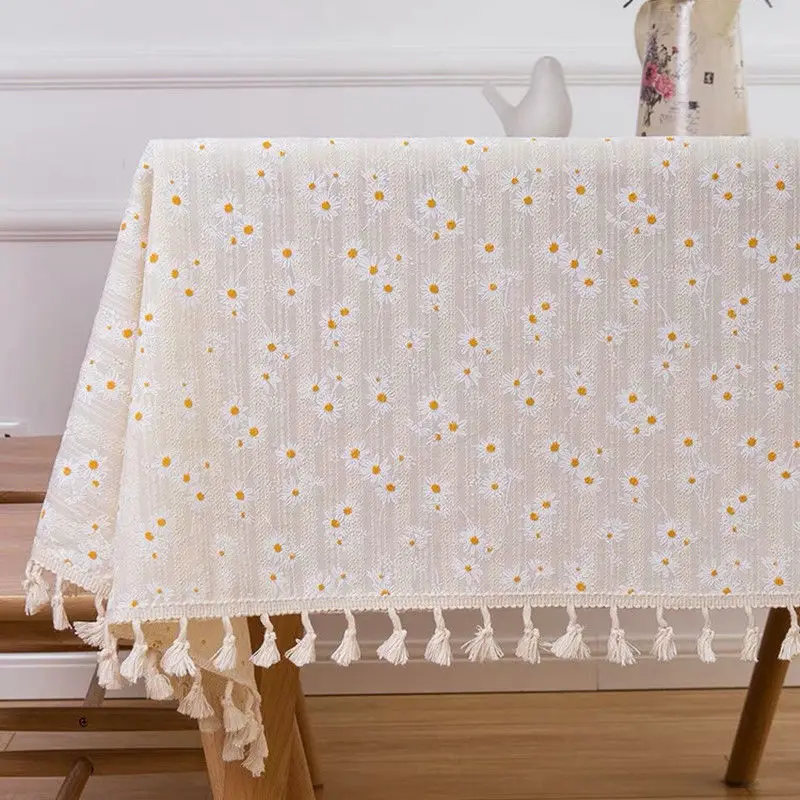 Korean Style Daisy Tassels Cotton Floral Tablecloth, Tea Table Decoration, Rectangle Table Cover for Kitchen Wedding Dining Room