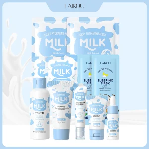 LAIKOU 8Pcs Milk Full Facial Skin Care Set - Cleanser Toner Serum Eye Serum Mud Mask Sheet Mask Moisturizing Cream Sleeping Mask