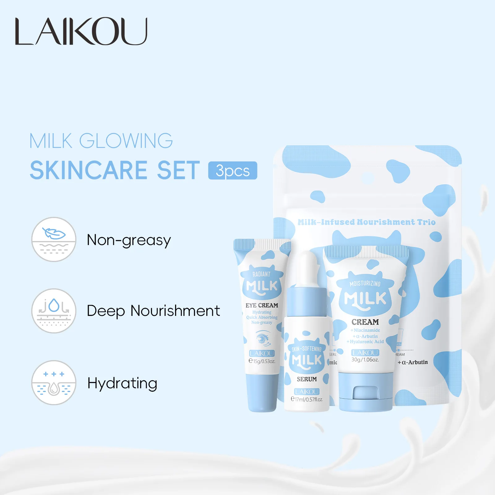 LAIKOU Milk Skincare Travel Set 3pcs Niacinamide Hyaluronic Acid Face Serum Eye Cream Face Cream Moisturizing Glowing Skin Care - Image 3