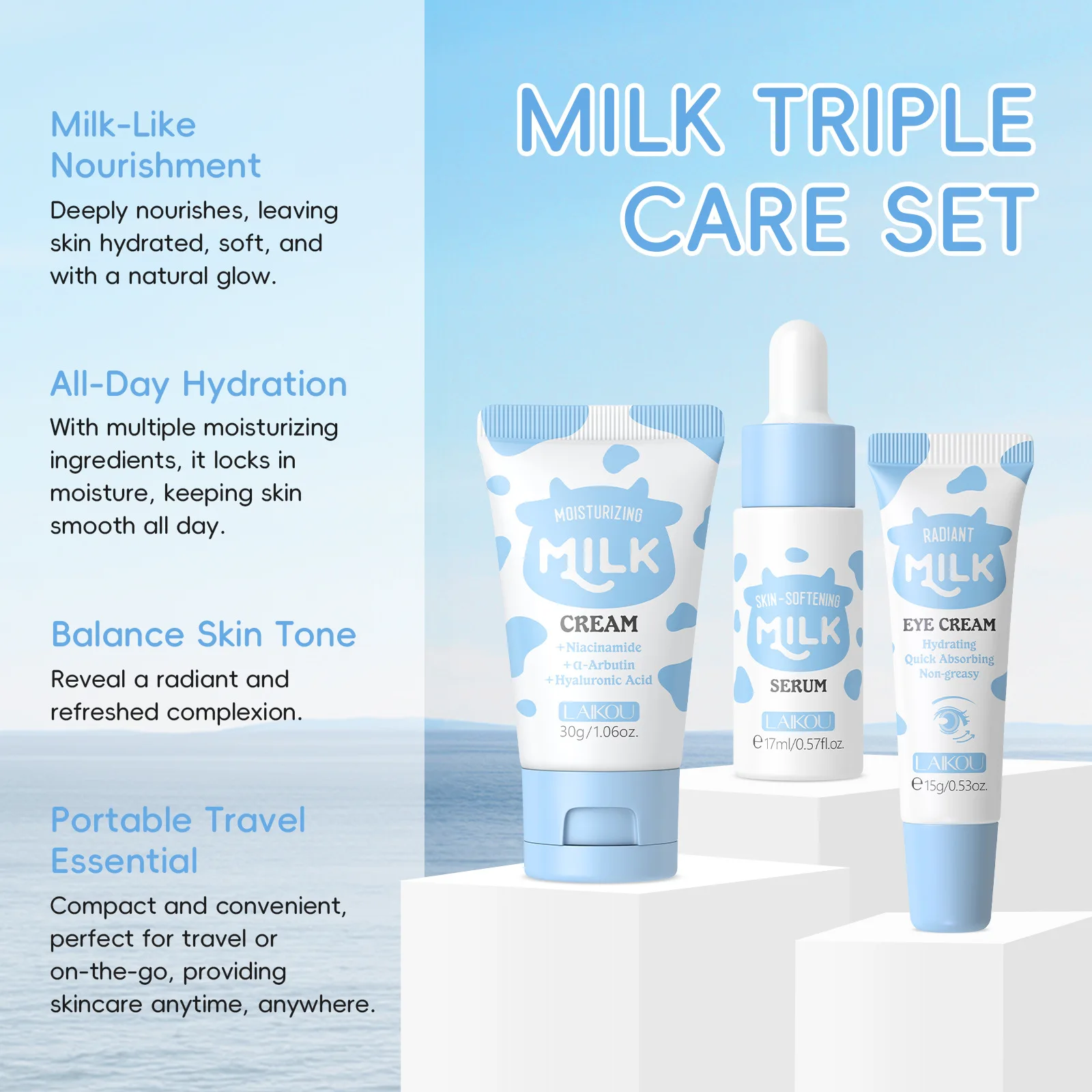 LAIKOU Milk Skincare Travel Set 3pcs Niacinamide Hyaluronic Acid Face Serum Eye Cream Face Cream Moisturizing Glowing Skin Care - Image 5
