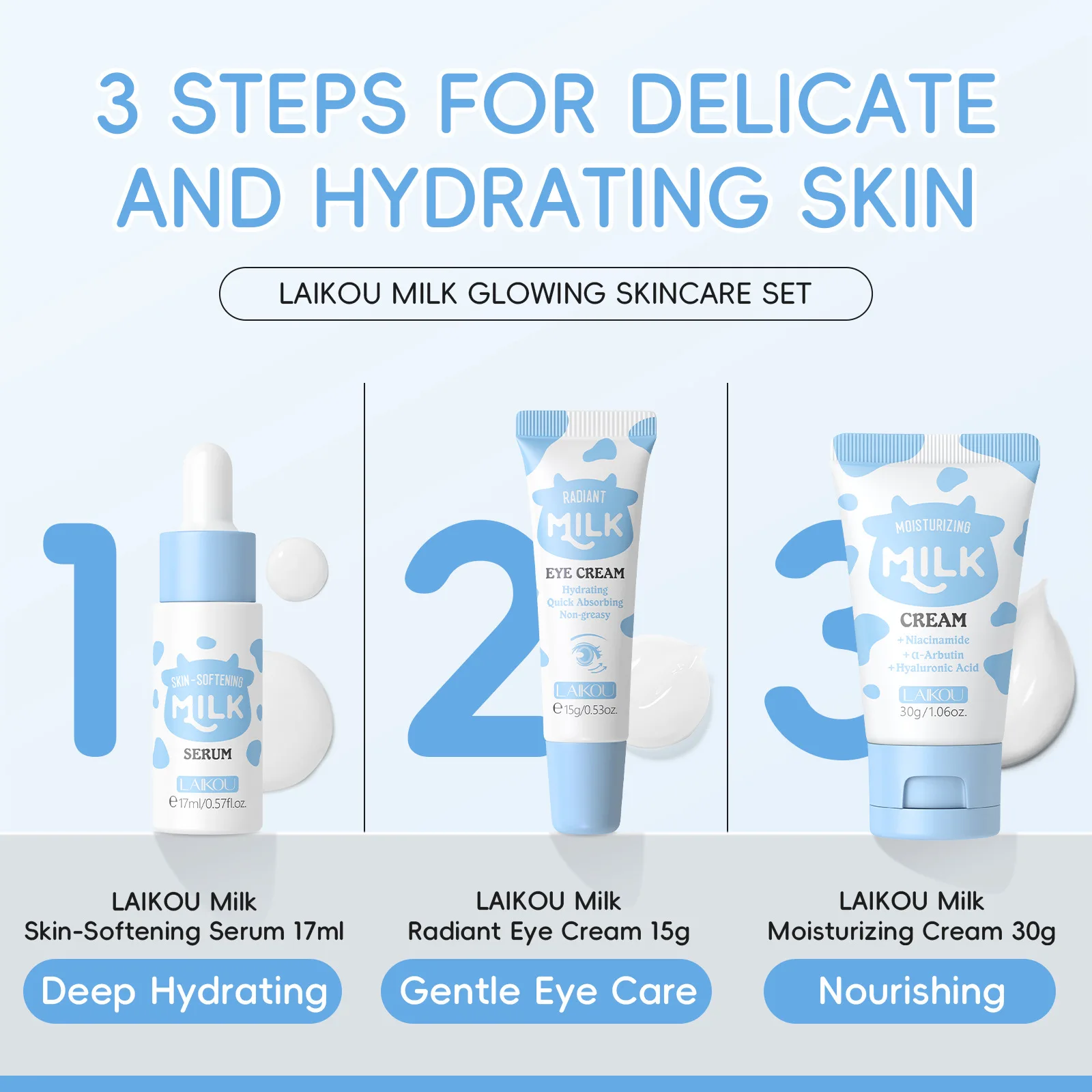 LAIKOU Milk Skincare Travel Set 3pcs Niacinamide Hyaluronic Acid Face Serum Eye Cream Face Cream Moisturizing Glowing Skin Care - Image 2
