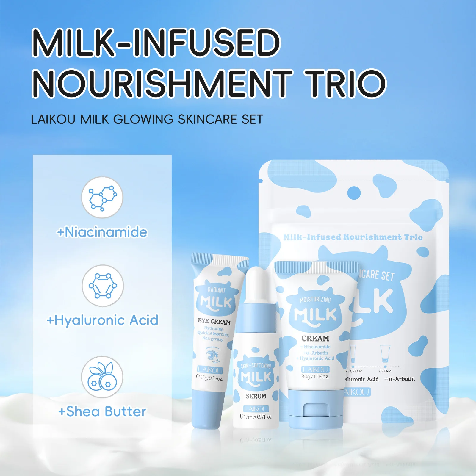 LAIKOU Milk Skincare Travel Set 3pcs Niacinamide Hyaluronic Acid Face Serum Eye Cream Face Cream Moisturizing Glowing Skin Care - Image 4
