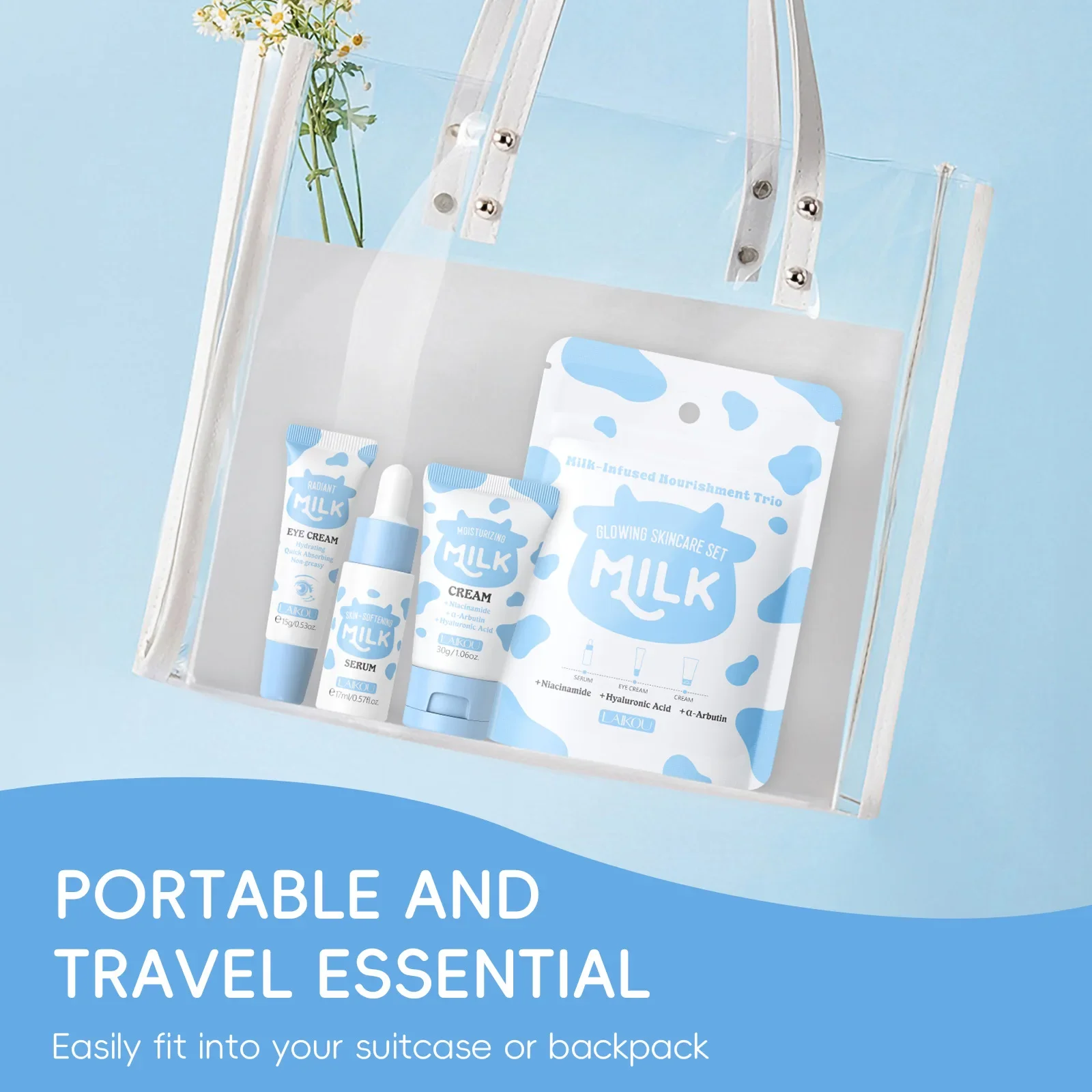 LAIKOU Milk Skincare Travel Set 3pcs Niacinamide Hyaluronic Acid Face Serum Eye Cream Face Cream Moisturizing Glowing Skin Care - Image 6