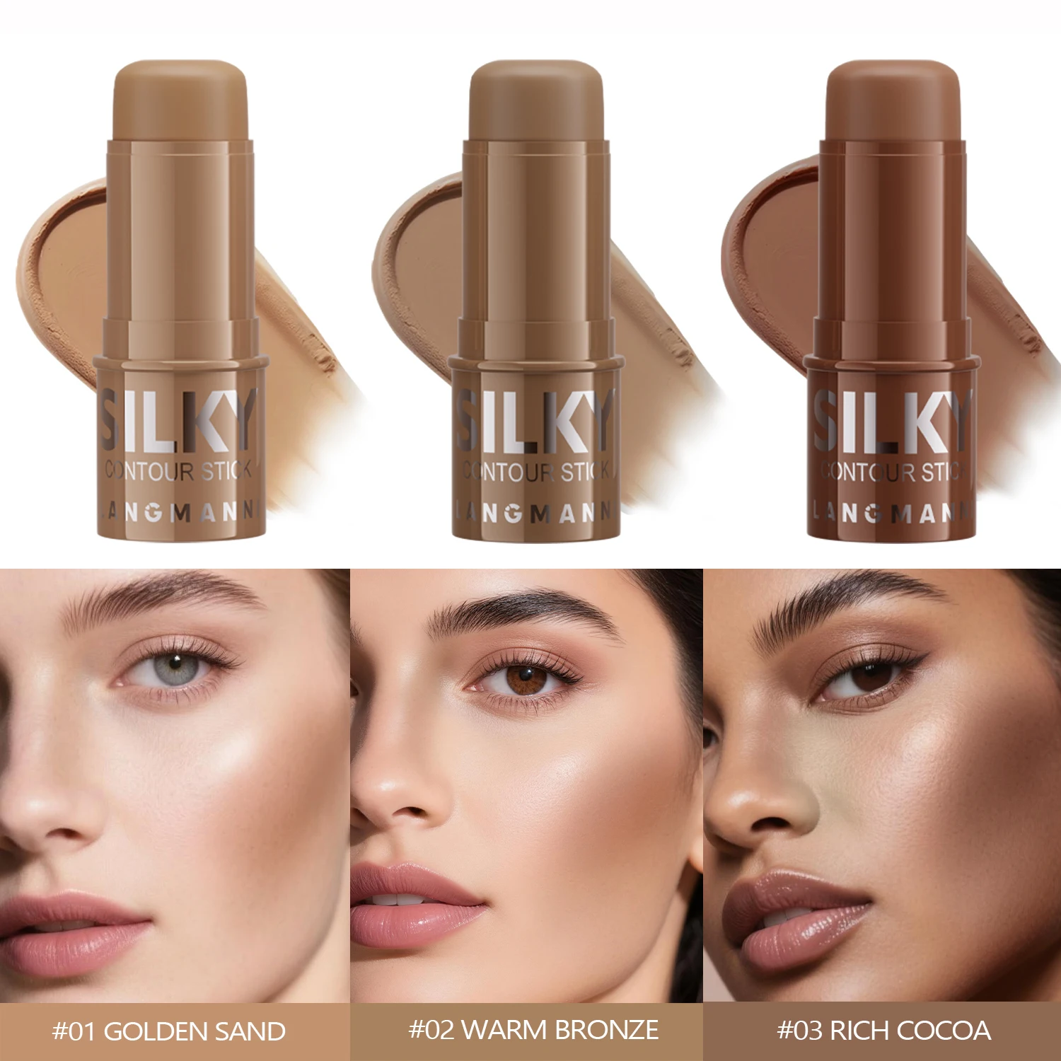 LANGMANNI Tri-Color Multi-Functional Face Brightening Contour Stick Contouring & Brightening Skin-Perfecting Stick - Image 2