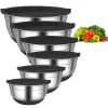 LMETJMA 6 Pcs Stainless Steel Mixing Bowls with Black Lids Kitchen Nesting Salad Mixing Bowl With Non-slip Silicone Bottom JT327