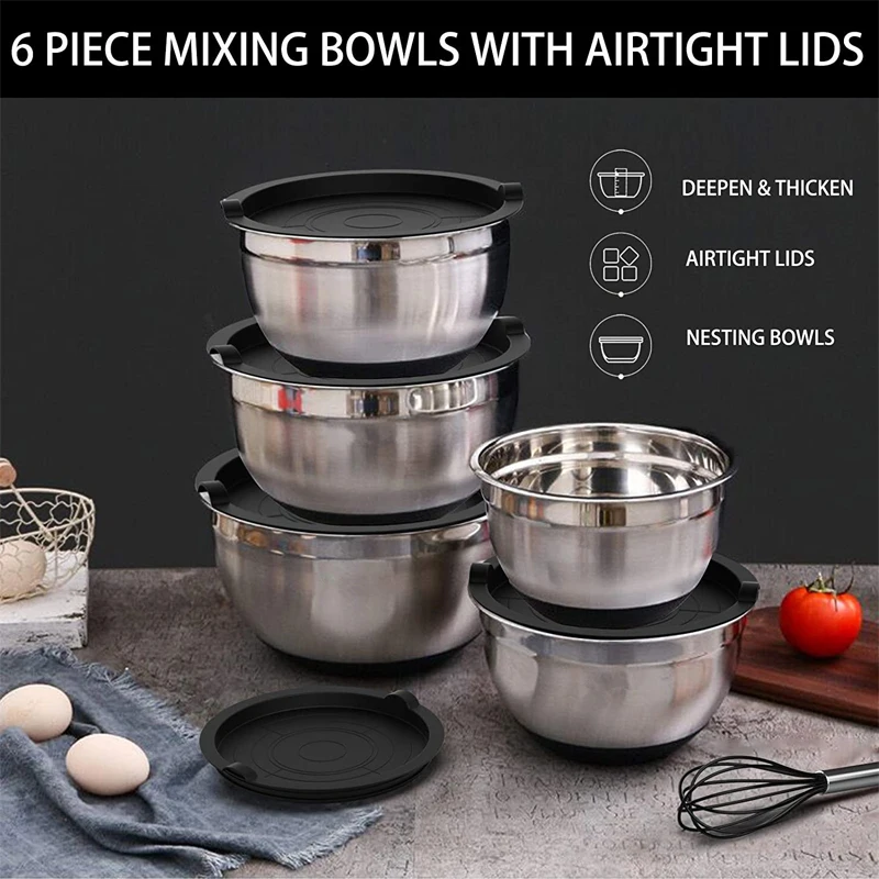 LMETJMA Mixing Bowls with Lids and Non Slip Bases Stainless Steel Mixing Bowls Set for Baking Nesting Storage Bowls JT227 - Image 2
